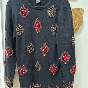 Vintage Women's Black Copper  Beaded Jewel Pullover Sweater Silk Angora M